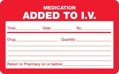 Medical Arts Press® IV/Medication Labels, Medication Added to I.V., Red and White, 2-1/2x4, 100 Labels