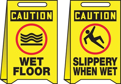 Accuform Signs® Slip-Gard™ CAUTION WET FLOOR/CAUTION..Reversible Fold-Ups, Red/Black/Yellow, 20x12