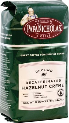 Papa Nicholas® Premium Coffee; Hazelnut Creme, Decaf, Ground, 6-12oz Packages/Box