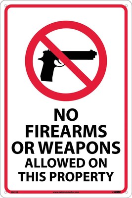 Notice Signs; No Firearms Or Weapons Allowed On This Property, 18X12, Rigid Plastic