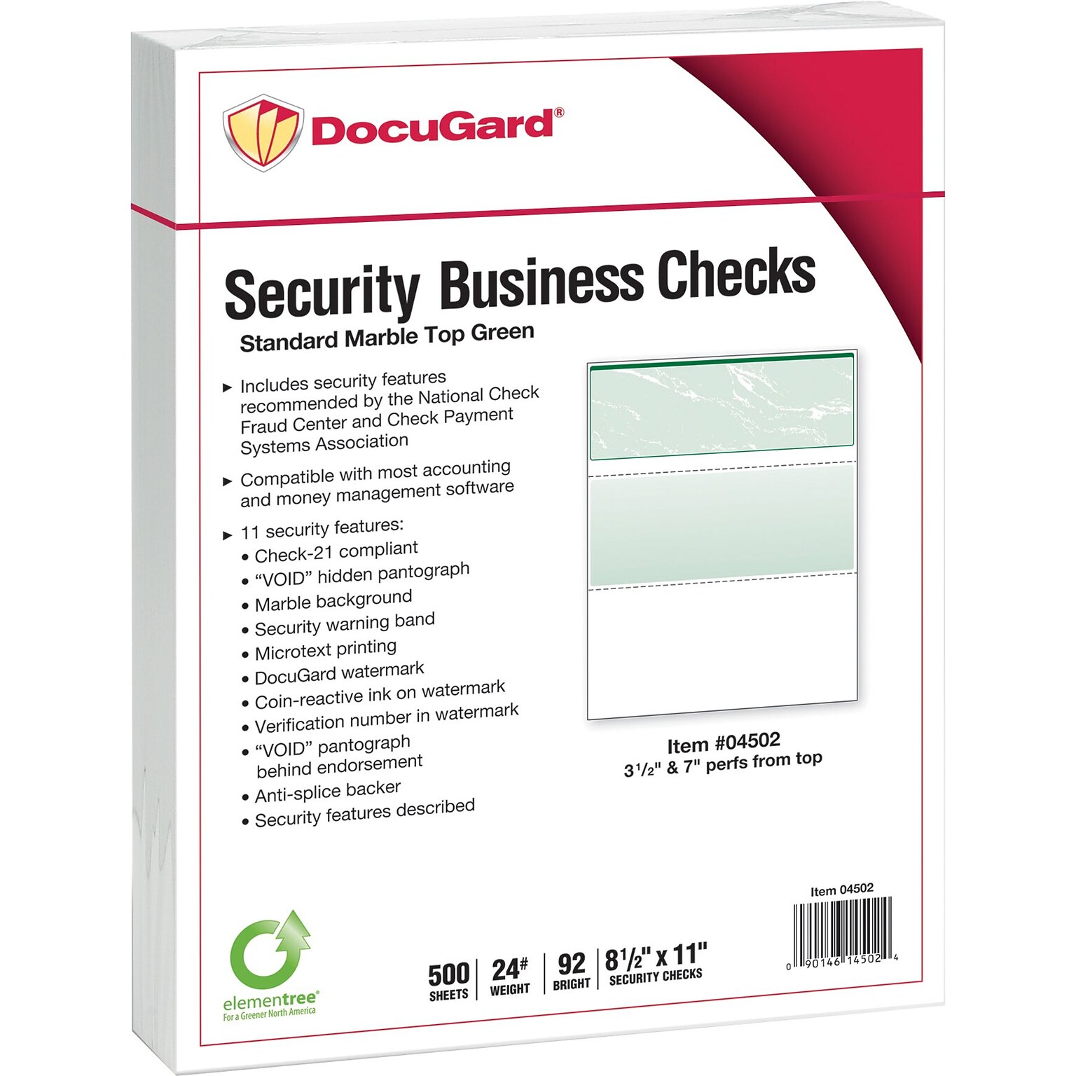 Paris DocuGard Standard 8.5 x 11 Business Security Check On Top, 24 lbs., Green, 500 Sheets/Ream, 2500/Carton (04502P)