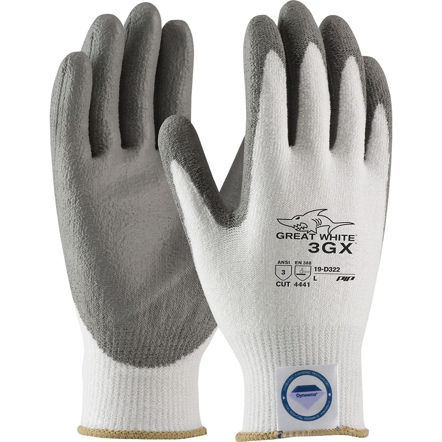 PIP Great White Dyneema Diamond/Lycra 3GX™ Cut-Resistant Polyurethane Coated Gloves, Large, White/Gray (19-D322/L)