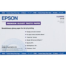 Epson Premium Photo Paper, 68 lbs., High-Gloss, 11 x 17, 20 Sheets/Pack