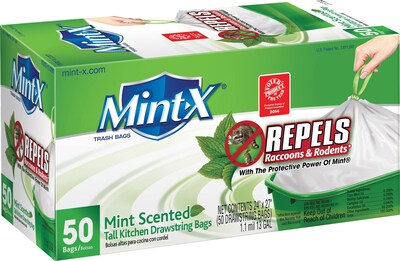 Mint-X® Rodent Repellent Drawstring Kitchen Trash Bags, 13 Gal., 50 Bags/Box (MX2427W50DS)
