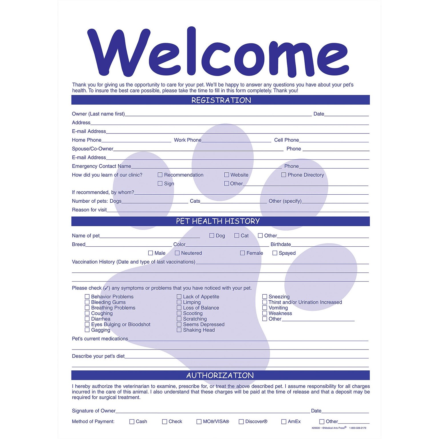 Medical Arts Press® Welcome Registration Form,  Paw Print in Middle