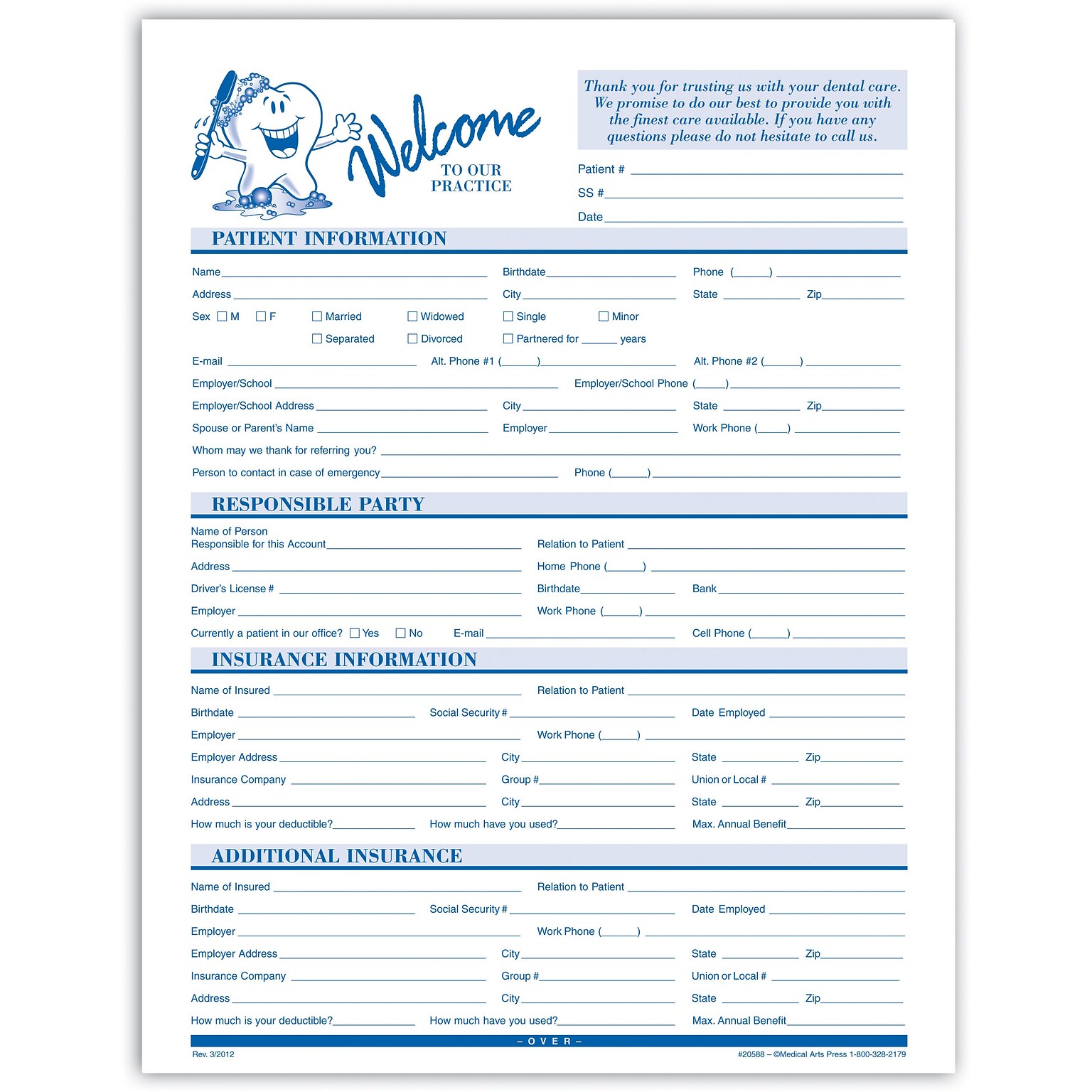 Medical Arts Press® Dental Registration and History Form without Updates, Tooth Character