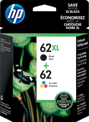 HP 62XL/62 Black High Yield and Tri-Color Standard Yield Ink Cartridge, 2/Pack (N9H67FN#140)