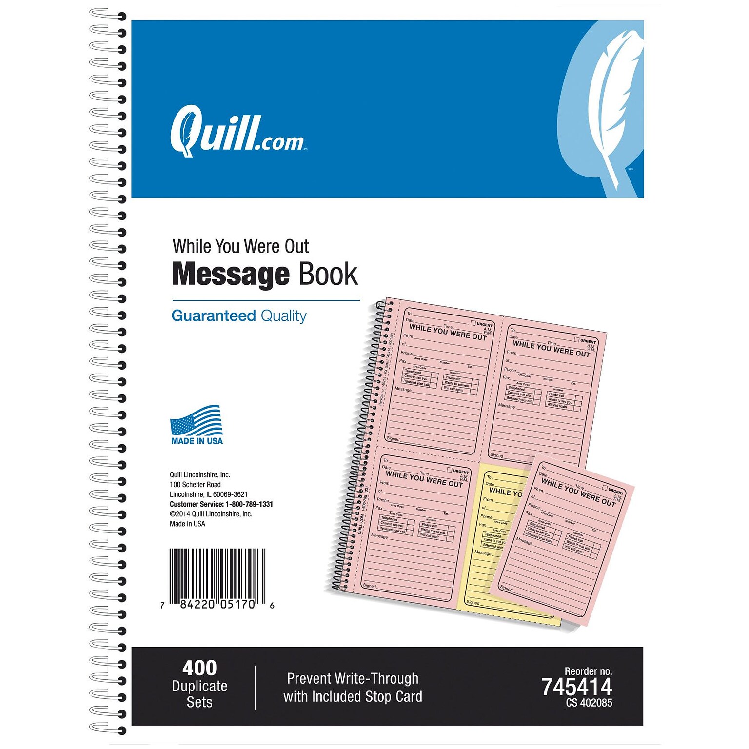 Quill Brand® While You Were Out Book, 11 x 8-1/4, Assorted,  400 Forms/Book (745414)