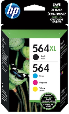 HP564XL/564 Black High Yield and Cyan/Magenta/Yellow Standard Yield Ink Cartridge, 4/Pack (N9H60FN#1