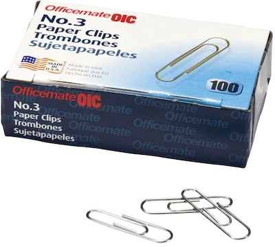 OIC® #3 Size Paper Clips, Silver, 100/Box (99913)