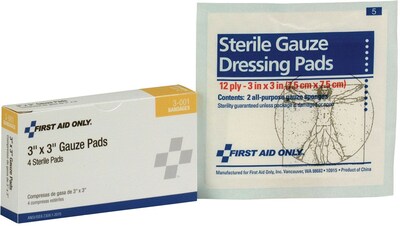 First Aid Only Sterile Gauze Pads, 3 x 3, 4/Box (3-001)