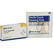 First Aid Only Sterile Gauze Pads, 3 x 3, 4/Box (3-001)