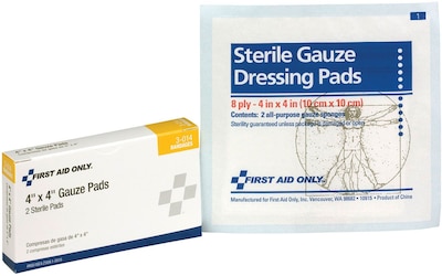 First Aid Only Sterile Gauze Pads, 4 x 4, 2/box
