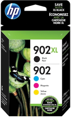 HP 902XL/902 Black High Yield and Cyan/Magenta/Yellow Standard Yield Ink Cartridge, 4/Pack (T0A39AN#