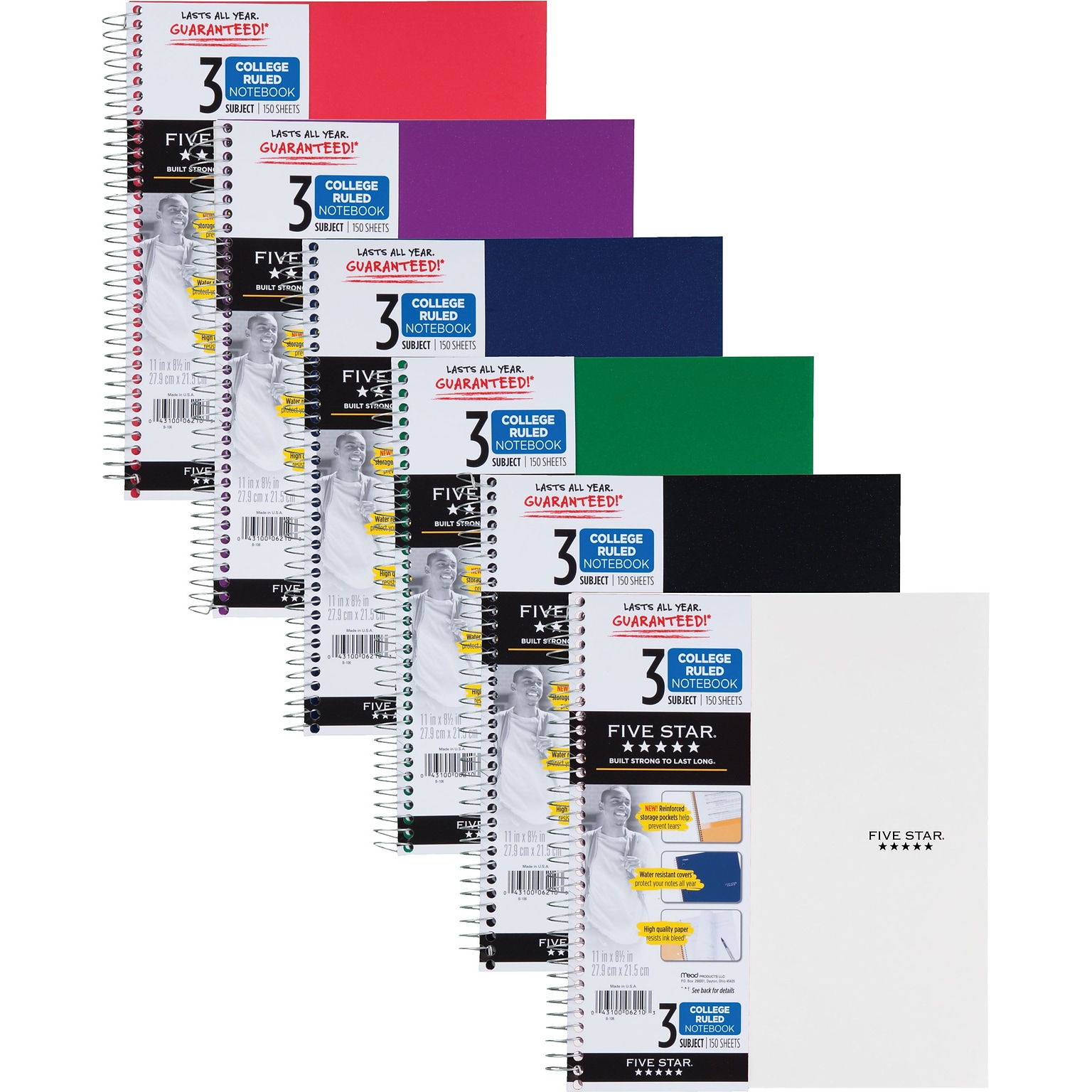 Mead Five Star 3-Subject Notebook, 8.5 x 11, College Ruled, 150 Sheets, Assorted Colors, Each (06050/06210)