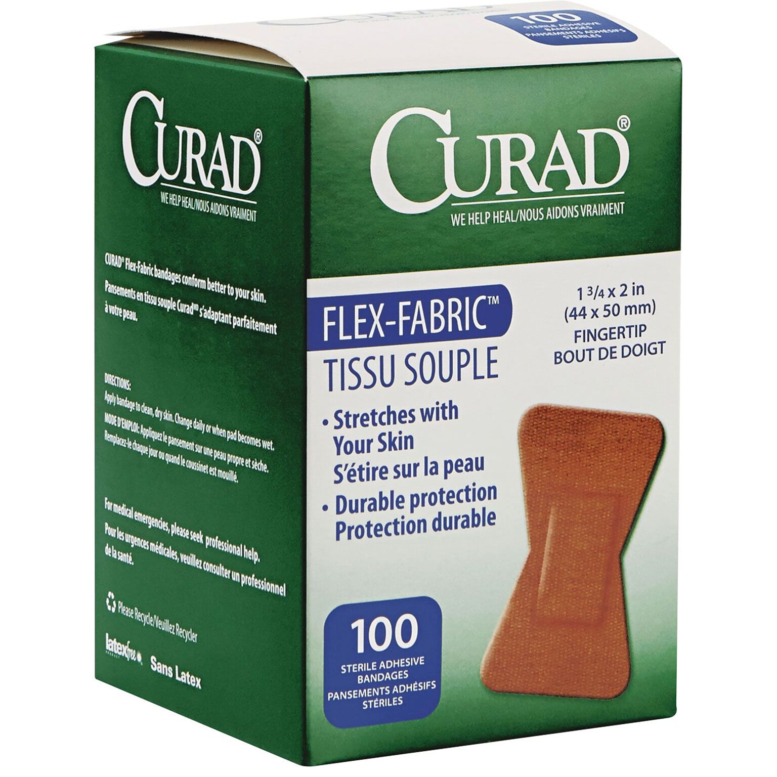 Curad® Flex-Fabric™ Adhesive Fingertip Bandages; Natural, 2Lx1-1/2W, 100 Bandages/Bx, 12 Bx/Case
