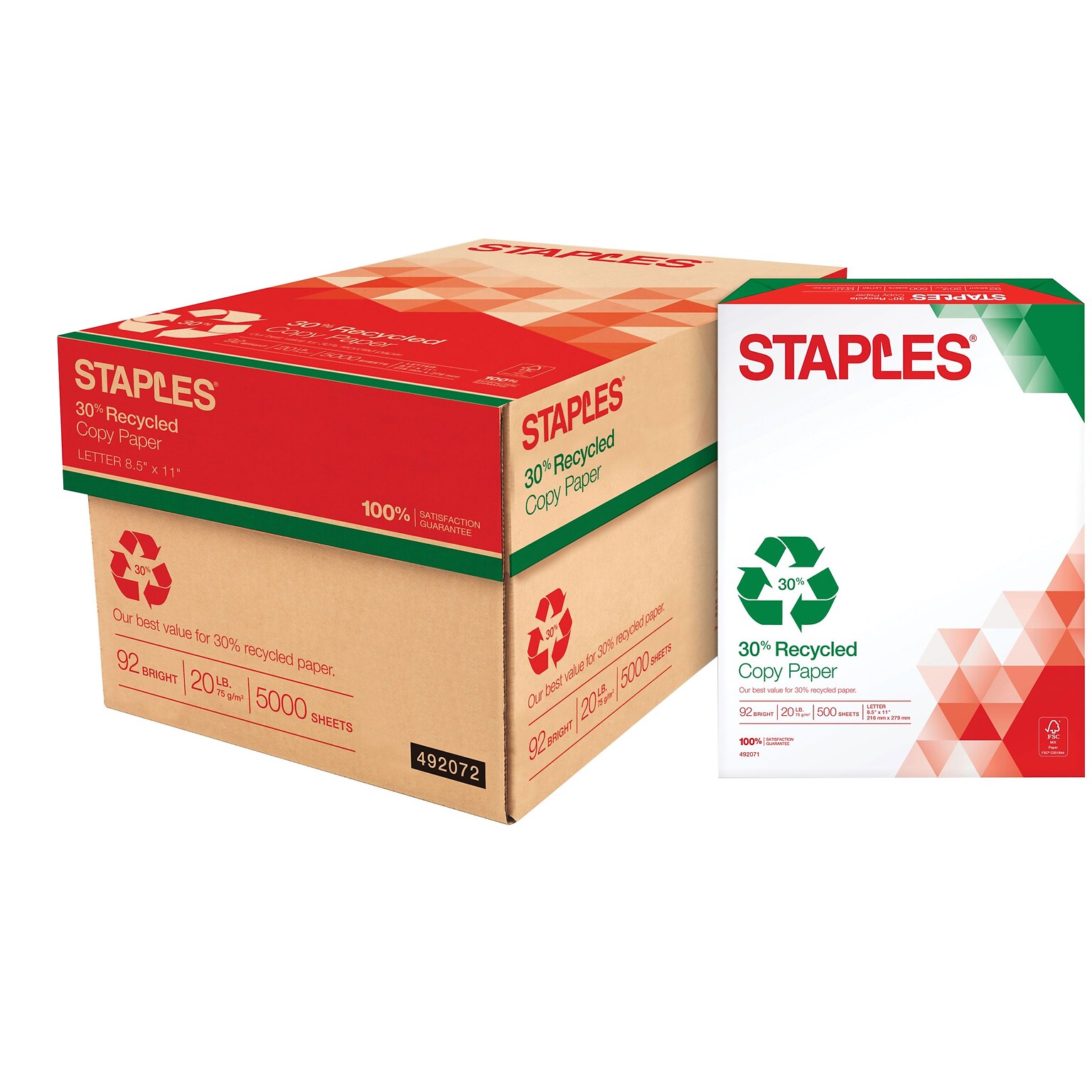 Staples 30% Recycled 8.5 x 11 (US letter) Copy Paper, 20 lbs., 92 Brightness, 5000/Carton (112350/461757)