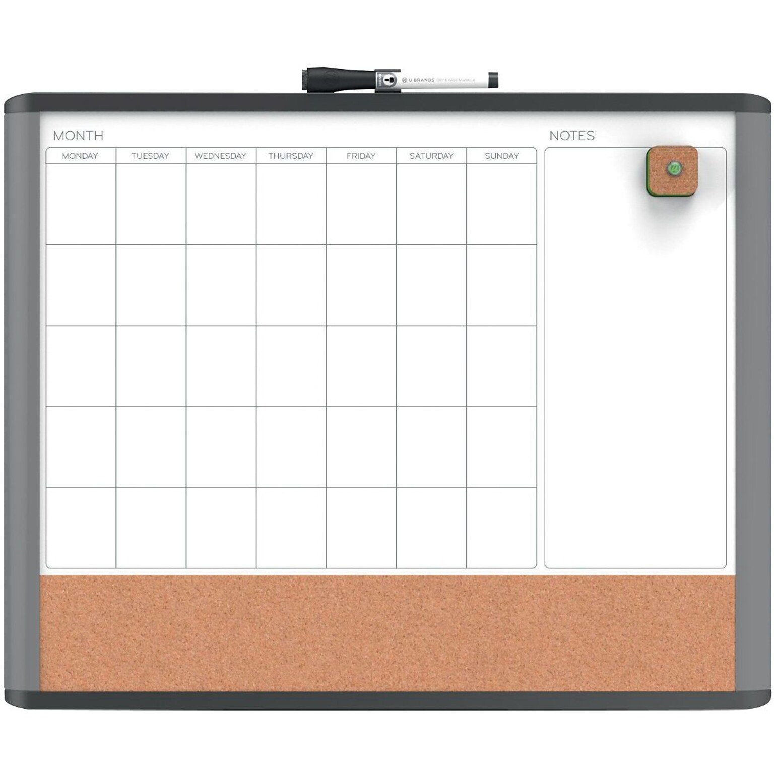 U Brands MOD 3-in-1 Magnetic Dry Erase Calendar Whiteboard, 20 x 16, Black and Grey Frame