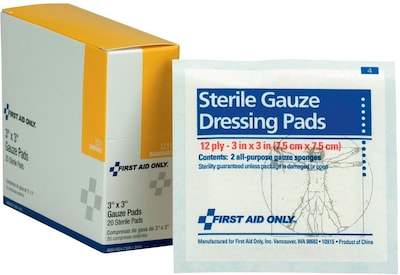 First Aid Only Sterile Gauze Dressing Pads, 12-Ply, 3 x 3, 20/Box (I211)