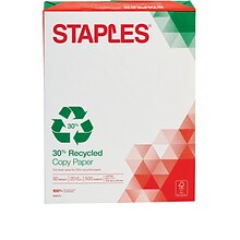 Staples 30% Recycled 8.5 x 11 Copy Paper, 20 lbs., 92 Brightness, 500 Sheets/Ream, 5 Reams/Carton