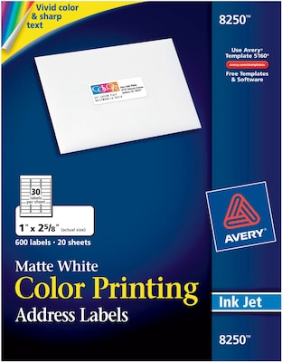 Avery Sure Feed Inkjet Address Labels, 1 x 2-5/8, White, 30 Labels/Sheet, 20 Sheets/Pack, 600 Labe