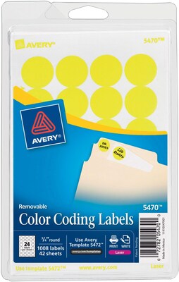 Avery® 5470 Round 3/4 Diameter Print & Write Color Coding Labels, Yellow Neon