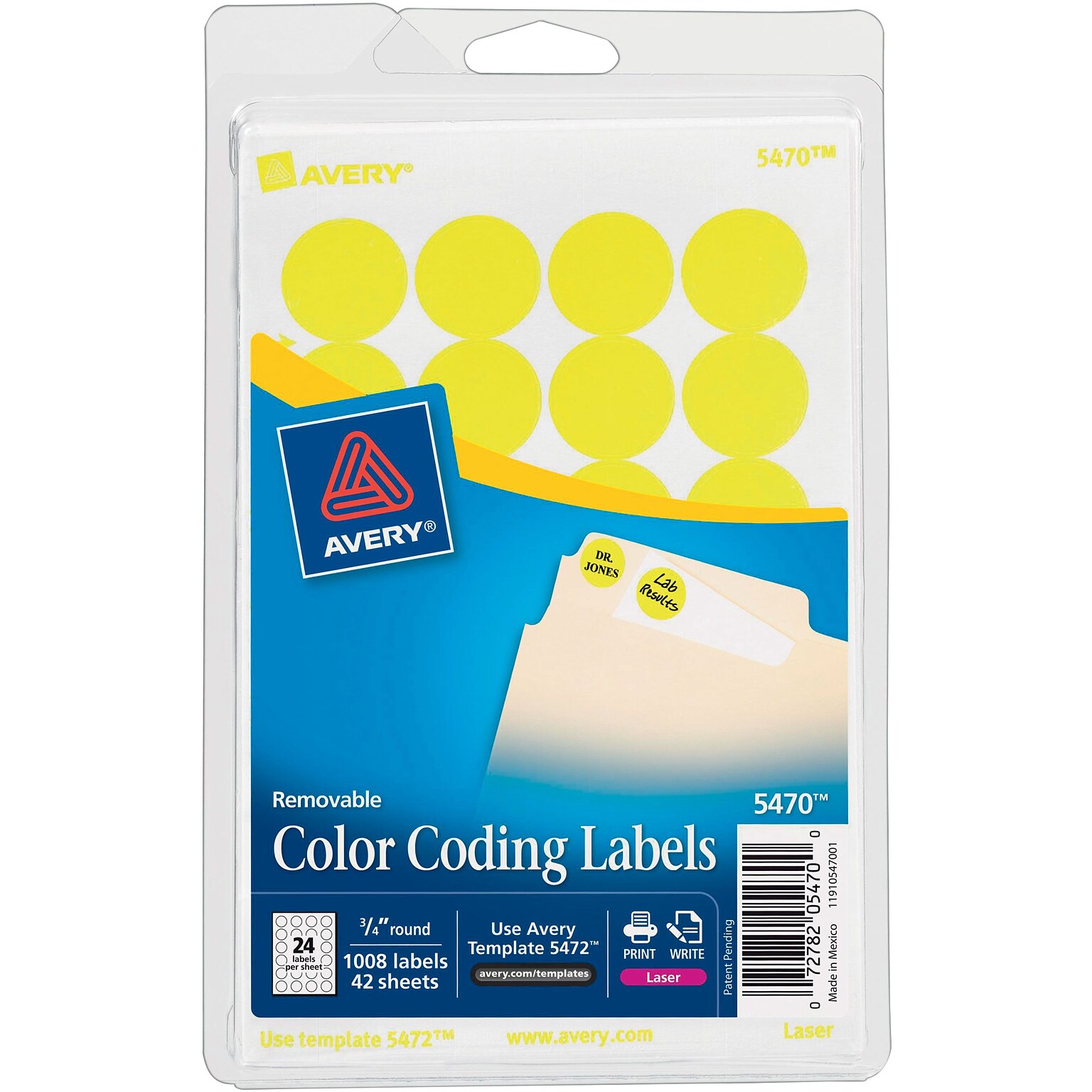 Avery® 5470 Round 3/4 Diameter Print & Write Color Coding Labels, Yellow Neon