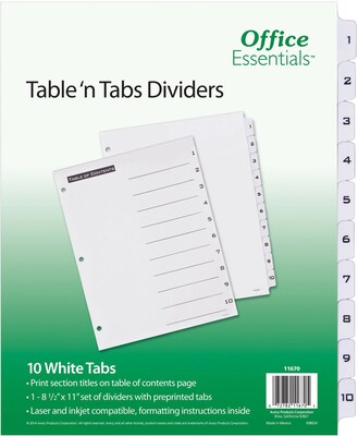 Avery Office Essentials Preprinted Dividers, 10-Tab, White, Set (11670)