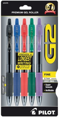 Pilot G2 Retractable Gel Pens, Fine Point, Assorted Ink, 5/Pack (31079)