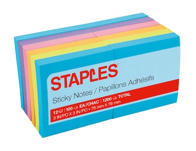 Staples® Sticky Notes, 3 x 3 Assorted Bold, 100 Sheets/Pad, 12 Pads/Pack (S-33BO12/52566)