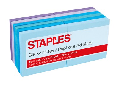 Staples® Stickies Notes, 3 x 3, Assorted Colors, 100 Sheet/Pad, 12 Pads/Pack (19758-US)