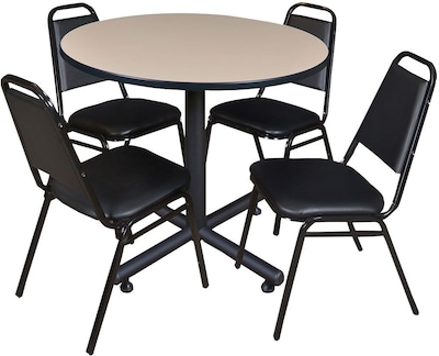 Regency Seating Kobe 42 Round Breakroom Table- Beige & 4 Restaurant Stack Chairs- Black