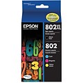 Epson T802XL/T802 Black High Yield and Cyan/Magenta/Yellow Standard Yield Ink Cartridge, 4/Pack (T80