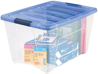 IRIS Stack & Pull 54 Qt. Latch Lid Storage Box, Clear and Blue, 6/CT (100242-CT)