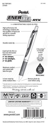 Pentel® EnerGel RTX Liquid Gel Pen, 0.7mm, Assorted colors, 3/Pack (BL77BP3M1)
