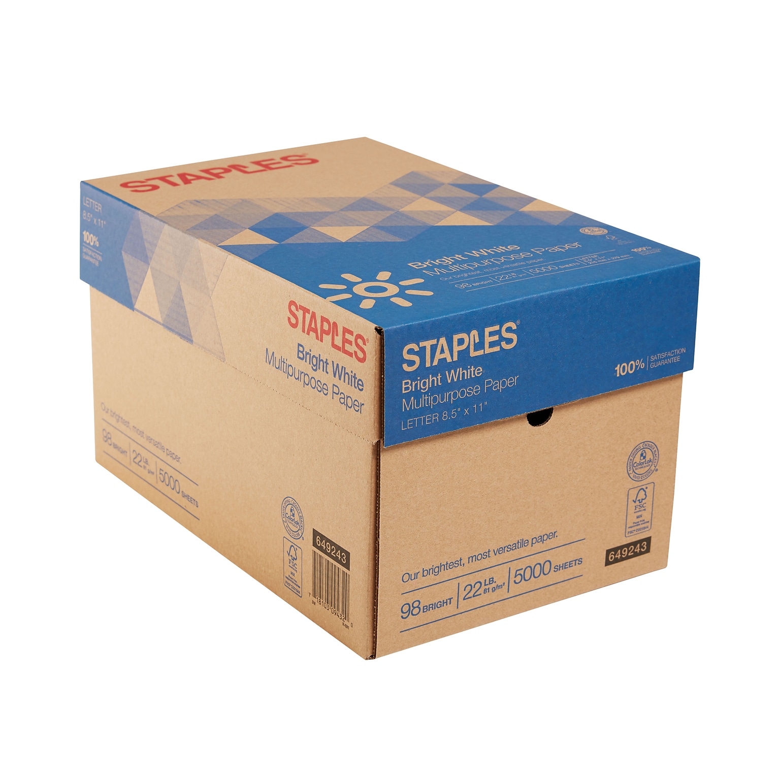 Staples Multipurpose Paper, 8.5 x 11, 22 lbs., Bright White, 500 Sheets/Ream, 10 Reams/Carton (22098)