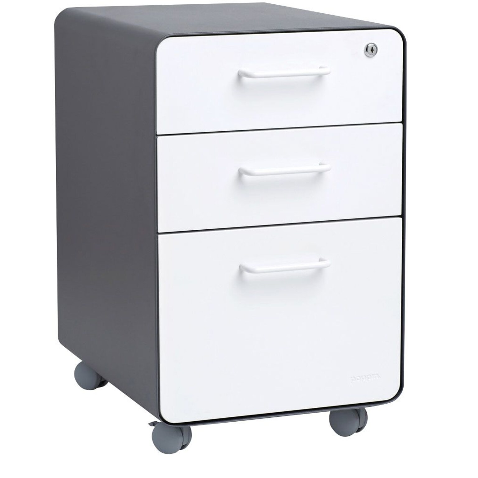 Poppin Stow 3-Drawer File Cabinet, Rolling Cabinet with Casters, Letter/Legal, Charcoal/White, 20D (103698)