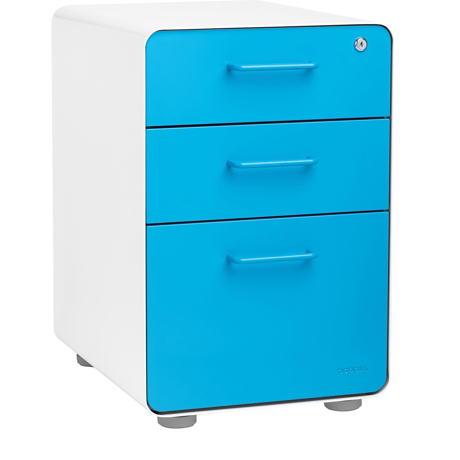 Poppin Stow 3-Drawer Mobile Vertical File Cabinet, Letter/Legal Size, Lockable, 24H x 15.75W x 20D, White and Blue (100429)