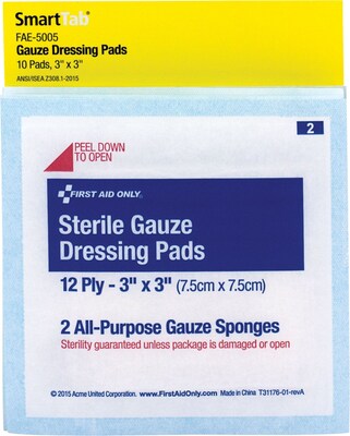 First Aid Only Gauze; Smart Compliance, 3 Gauze Pads, 5/Pack, 2/Box (FAO5005)