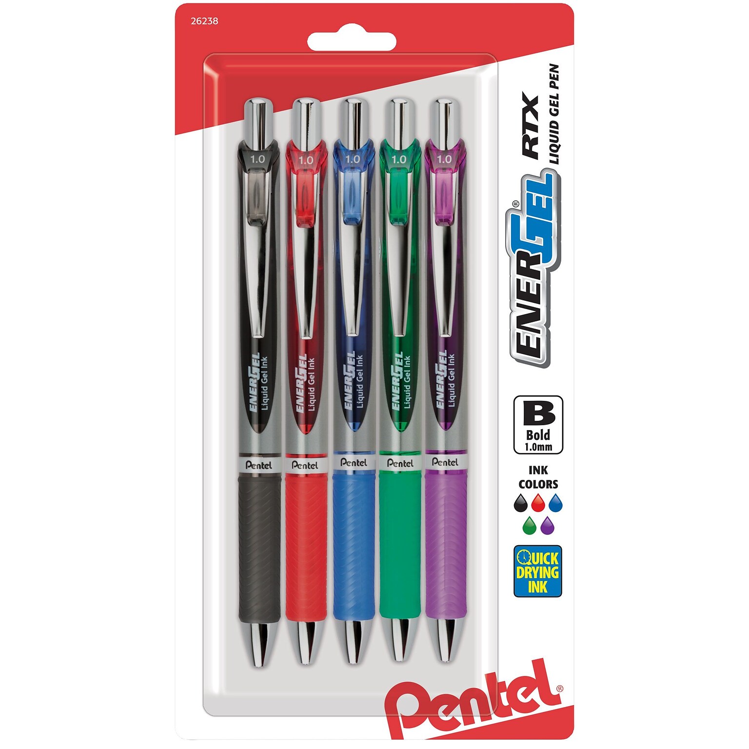 Pentel EnerGel RTX Gel Pens, Bold Point, Assorted Ink, 5/Pack (BL80BP5M)
