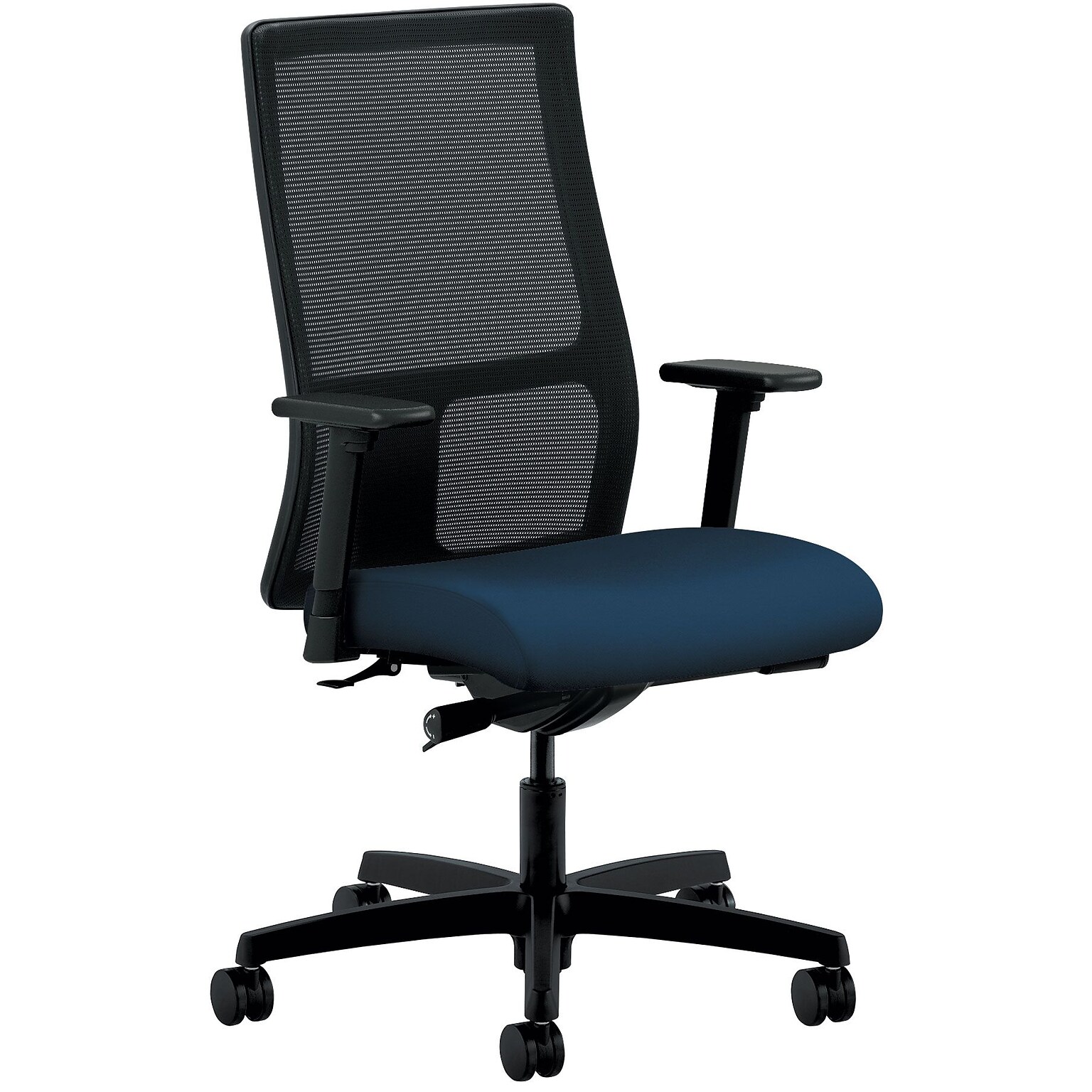 HON Ignition ilira-Stretch Mesh/Fabric Mid-Back Task Chair, Height and Width Adjustable Arms, Black/Navy (HONIW103CU98)