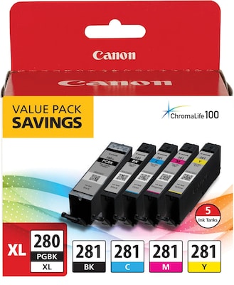 Canon 280XL/281 Black High Yield and Photo Black/Cyan/Magenta/Yellow Standard Yield Ink Cartridge, 5