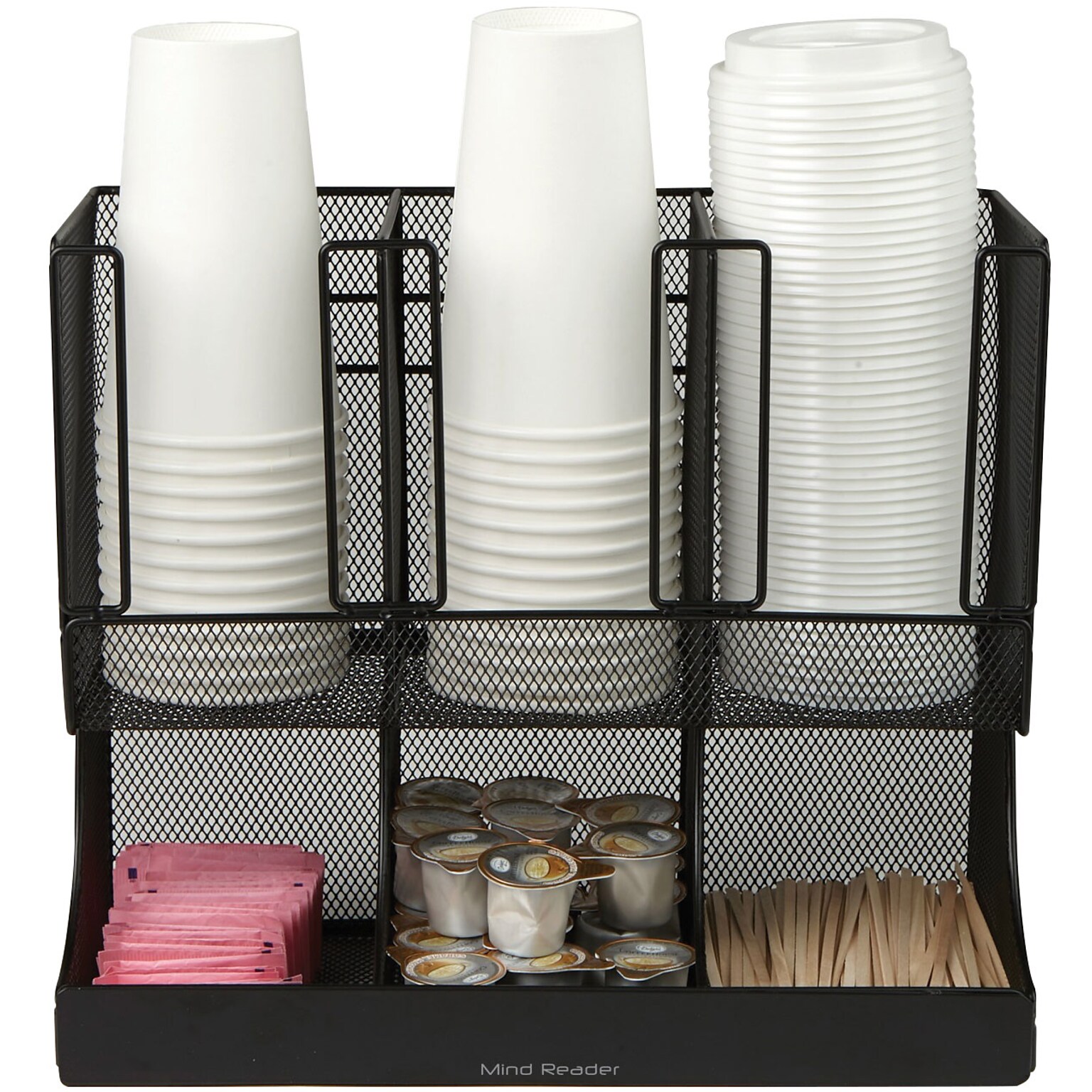 Mind Reader Flume 6 Compartment Coffee Condiment and Cup Organizer, Black Metal Mesh (UPRIGHT6MESH-BL)