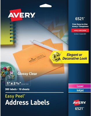 Avery Glossy Clear Easy Peel Address Labels, 1 x 2-5/8, Pack of 300 (06521)