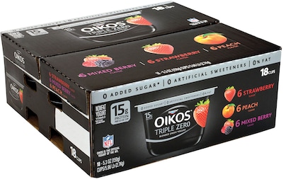 Dannon Oikos Triple Zero Blended Greek Nonfat Yogurt Variety Pack, 5.3 Oz., 18/Pack  (902-00027)