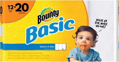 Bounty® Basic Select-A-Size™ Paper Towels, White, 1-Ply, 119 Sheets/Roll, 12 Mega Rolls = 20 Regular Rolls (92975)