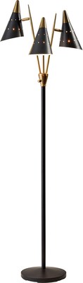Adesso® Nadine 66"H Matte Black and Antique Brass 3-Arm Floor Lamp with Matte Black Cone Shades (3249-01)
