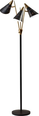 Adesso® Nadine 66H Matte Black and Antique Brass 3-Arm Floor Lamp with Matte Black Cone Shades (324