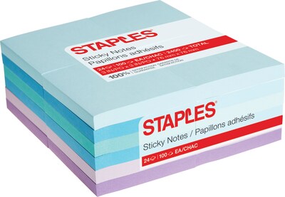 Staples® Notes, 3 x 3, Assorted Collection, 100 Sheet/Pad, 24 Pads/Pack (S-33WC24)