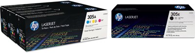 HP 305X High Yield Black/ HP 305A Standard Cyan/Magenta/Yellow LaserJet Toner, Multi-pack (4 pack)